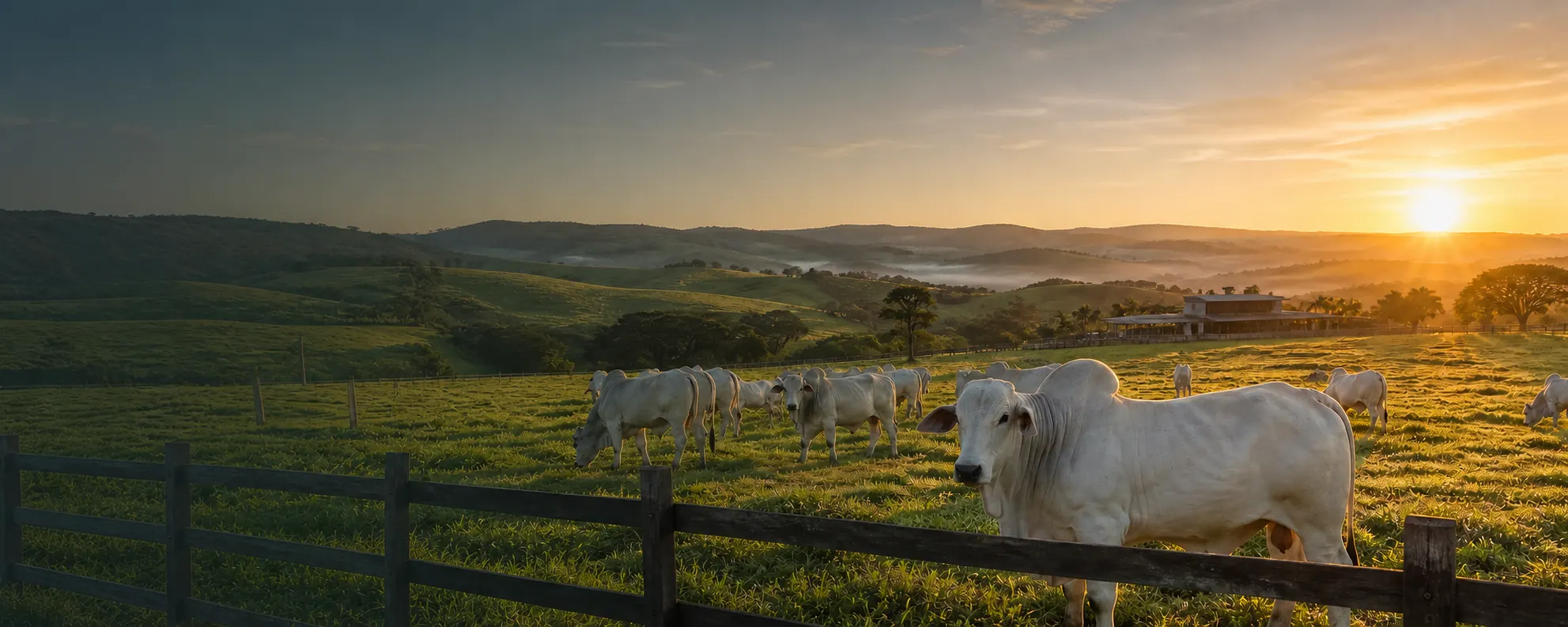 Rebanho Nelore em fazenda moderna ao nascer do sol